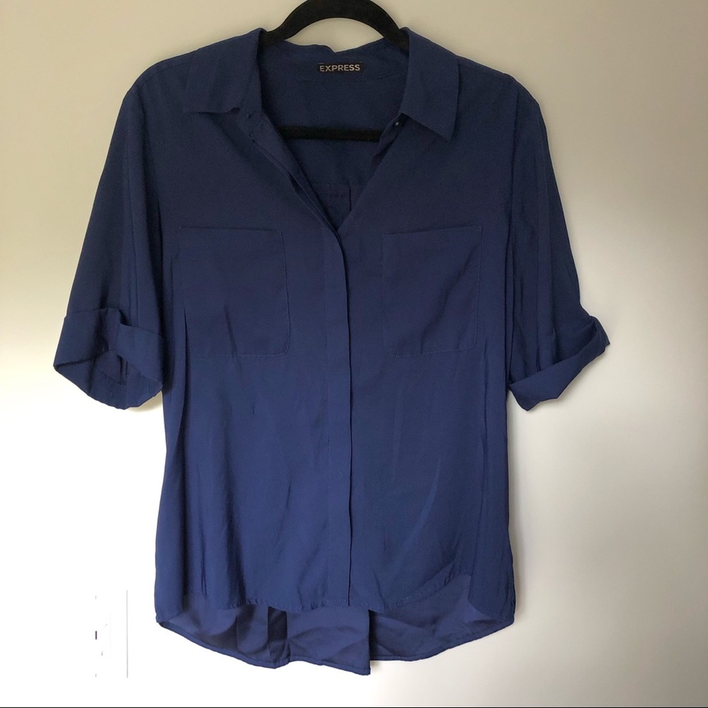 Navy Blue Short Sleeve Button Blouse